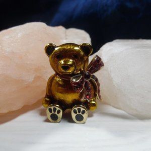 MONET TEDDY BEAR WITH RED RHINESTONE BOW BROOCH SIGNED